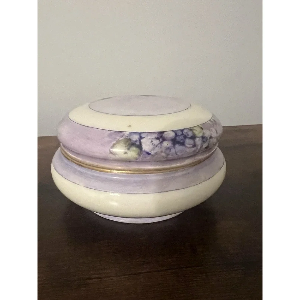 Vintage Hand Painted Porcelain Powder Jar Violet Flowers Gold Trim Vanity Box